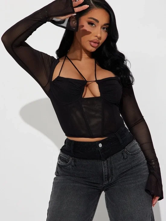 Fashion Nova Black Sheer Long-Sleeve Corset Crop Top - Picture 1 of 5